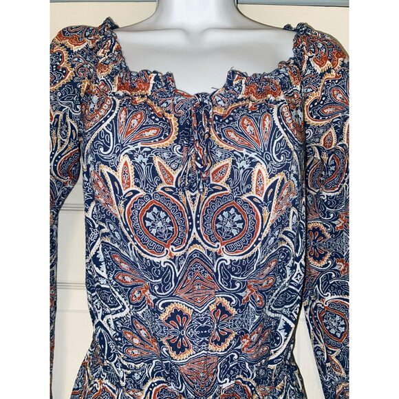 Bohemian Long Sleeve Paisley Print Romper With Ruffle Hem & Elastic Waist - Picture 2 of 5